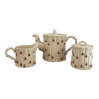 Late 20th Century Wedgwood Cane Ware Faux Bamboo Teapot Creamer Sugar Bowl - Set of 3 For Sale