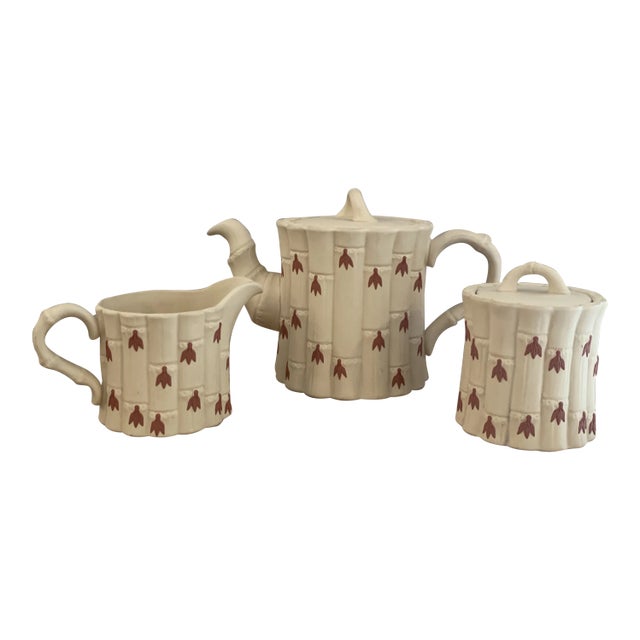 Late 20th Century Wedgwood Cane Ware Faux Bamboo Teapot Creamer Sugar Bowl - Set of 3 For Sale