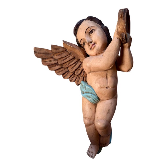 19th Century Large Polychrome Italian Wooden Carved Putto Angel For Sale