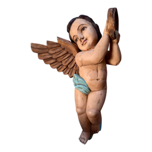 19th Century Large Polychrome Italian Wooden Carved Putto Angel