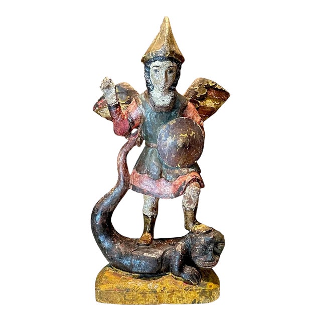 18th Century Spanish Polychrome Wood Carving of St. Michael For Sale
