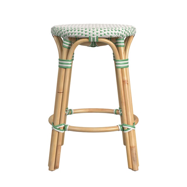 Spritely Home Accent Furniture Tobias 24 in. Seat Height Round Rattan Backless Counter Stool, White/Green Dot/ Natural Rattan Frame For Sale - Image 4 of 7