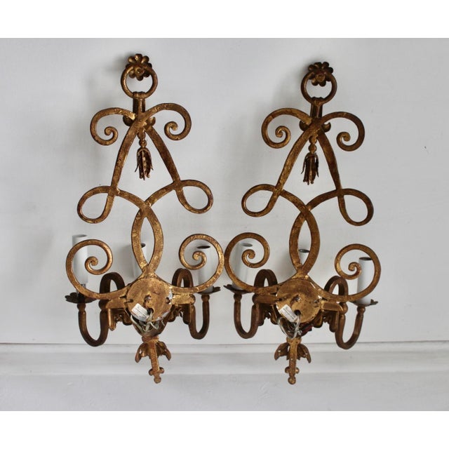 Vintage Italian Florentine Style Gold Finished Scrolling Arms Electric Wall Sconces- A Pair For Sale - Image 13 of 15