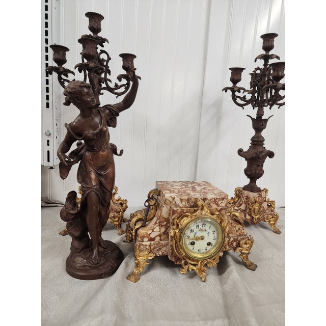 Metal Fabulous French Bronze Trio Antique Clock and 2 Candelabras For Sale - Image 7 of 10