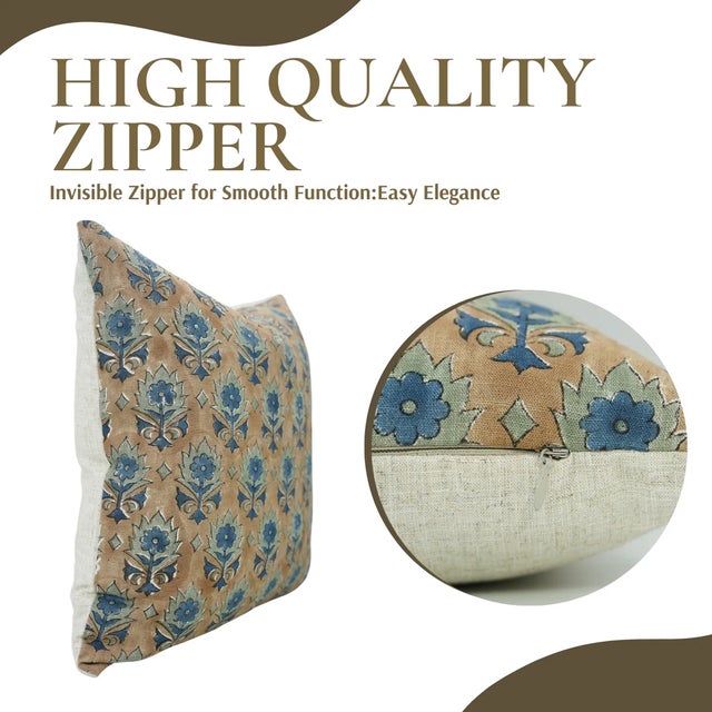 Art Deco Fabdivine Indian Block Print Cushion Cover 16x16 Inch Viscose Linen-Kusum For Sale - Image 3 of 5