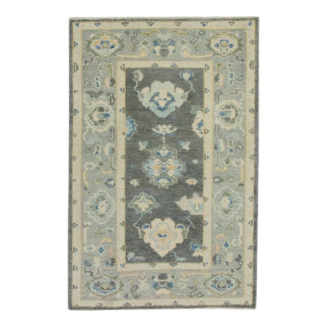 Early 21st Century Gray Floral Design Handwoven Wool Turkish Oushak Rug 2'11" X 4'9" For Sale
