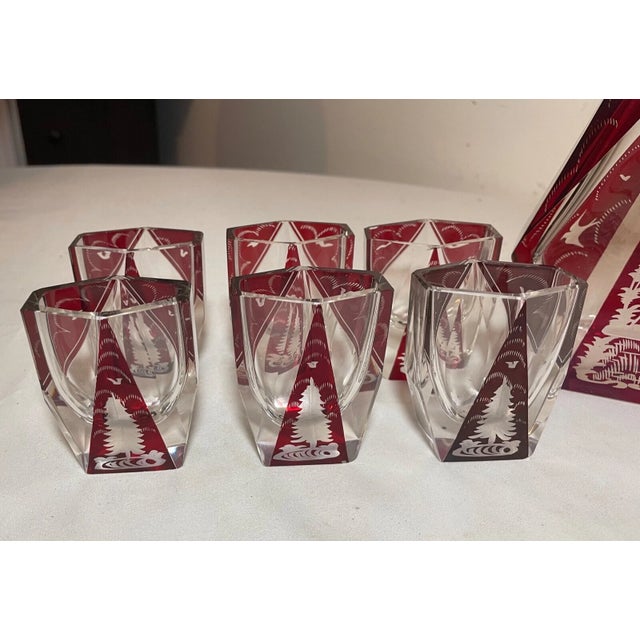 Antique Cut to Clear Crystal Moser Czech Bohemian Red Deco Glass Decanter Set For Sale In New York - Image 6 of 12