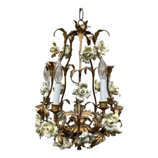 Vintage 1970s Hollywood Regency Italian Gilt Tole Chandelier For Sale