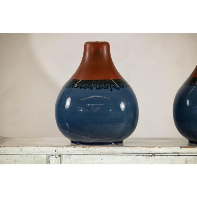 Pair of Artisan Ceramic Vases in Midnight Blue, Pre-Drilled for Lamp Conversion For Sale - Image 12 of 12
