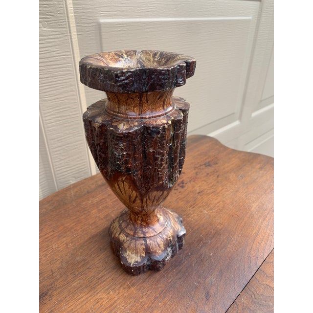 A gorgeous vintage Organic Modern Wabi-Sabi style hand carved chrysanthemum wood vase, originally retailed at Marshall...