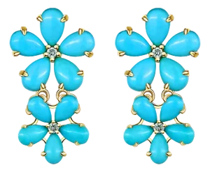 Nina Zhou Turquoise Diamond Double Blossom Drop Earrings in 14k Yellow Gold - a Pair
