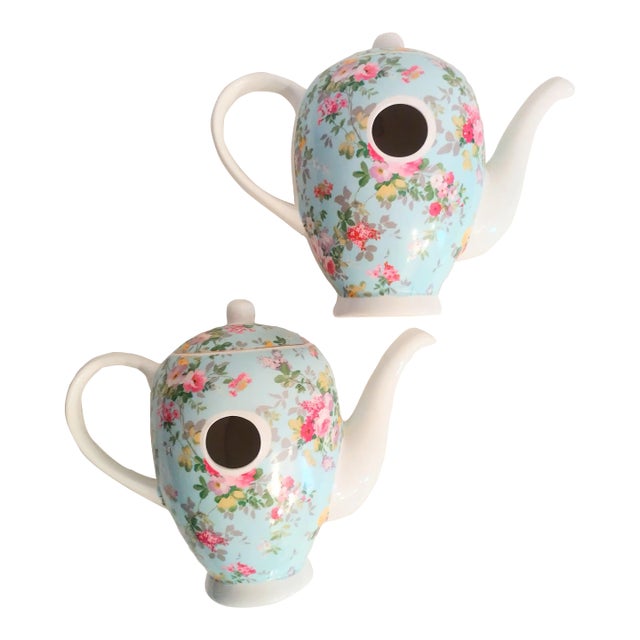 Vintage Ceramic Chinoiserie Pale Pink Blue Tea Pot Wall Decor Pockets- a Pair For Sale