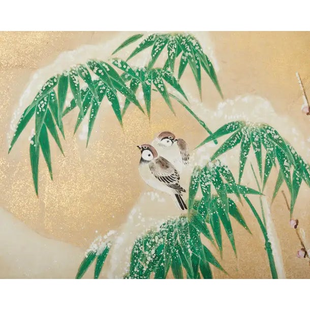 Brass Japanese Showa Four Panel Screen Snowy Winter Landscape For Sale - Image 8 of 12