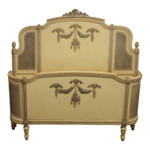 Antique French Louis XVI Style Wood and Cane Painted Full Bed