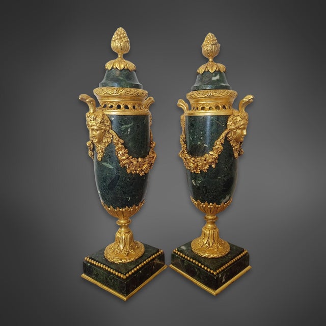 19th Century Louis XVI Style Green Marble and Gilt Bronze Cassolettes, Set of 2 For Sale - Image 10 of 10