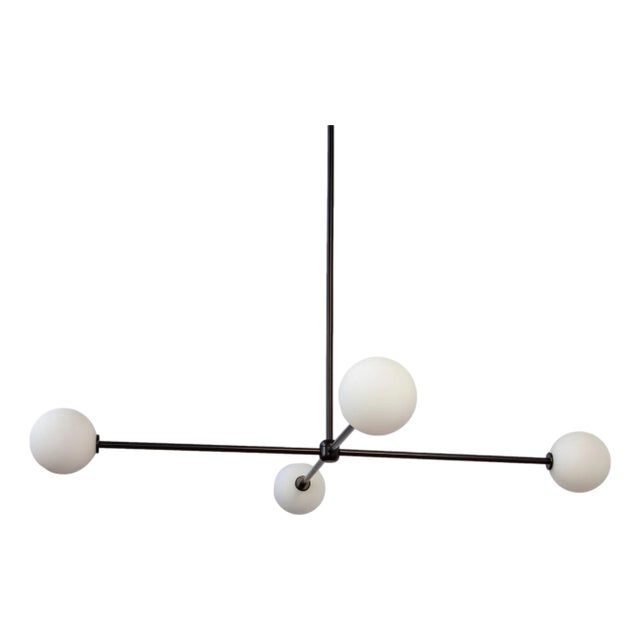 Globe Chandelier 4, Black, 21.5in H, 5 Inch Glass Globes, by Research.Lighting, Modern, Minimal Hanging Light For Sale