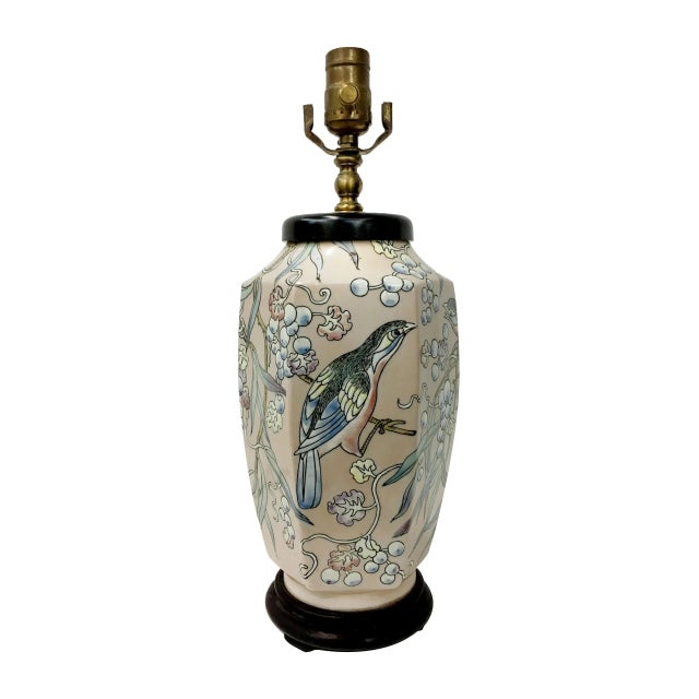 Chinese Style Vase Lamp with Bird Illustration For Sale - Image 4 of 4