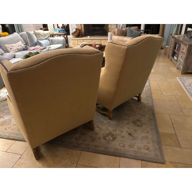 Traditional Pair of Restoration Hardware Wingback Chairs in Wheat Linen For Sale - Image 3 of 6