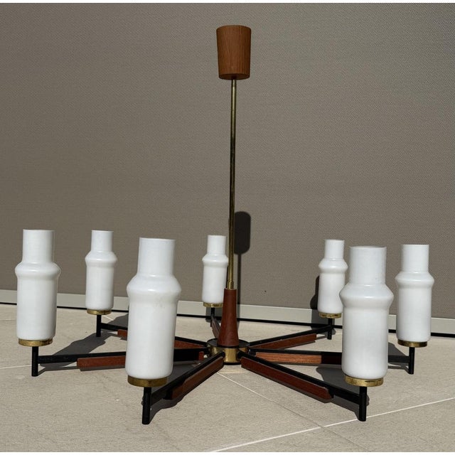 Metal Modern Scandinavian Teak and Opaline Glass Chandelier, Denmark, 1960s For Sale - Image 7 of 8