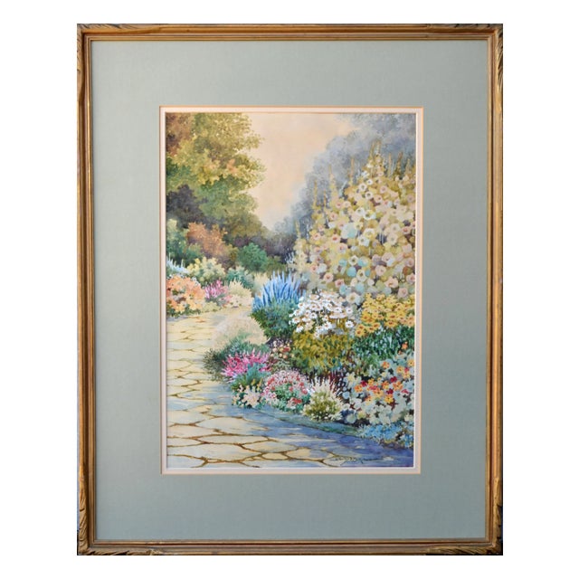 1963 "In the Garden" Watercolor Painting by Stanley Burchett, Framed For Sale - Image 4 of 4