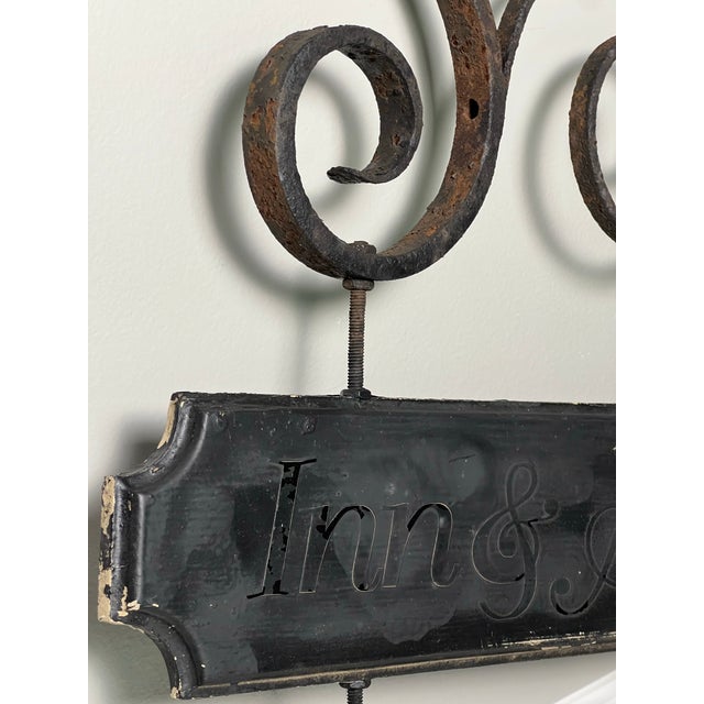 Wood Large Antique Wrought Iron Bracket With Two-Tier Wooden Sign, "Inn & Antiques" For Sale - Image 7 of 10