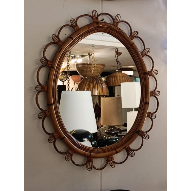 Wood Oval Wall Mirror in Rattan and Woven Cane, Italy 1960s For Sale - Image 7 of 9