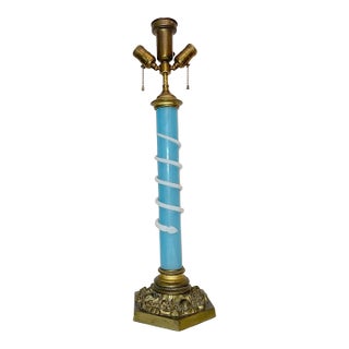 1920s Large Quality Antique Gilt Bronze Hand Blown Blue Glass Italy Murano Table Lamp For Sale