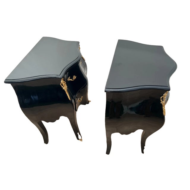 1940s Vintage Pair French Nightstand Tables Two Drawers Black Lacquer Marble, Ormolu For Sale - Image 5 of 12