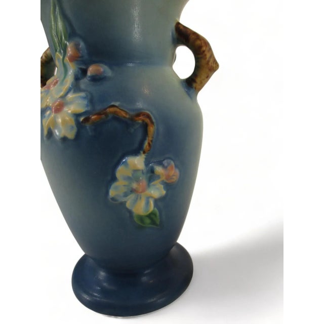 Art Nouveau Early 20th Century Blue Roseville Pottery Apple Blossom Vase For Sale - Image 3 of 11