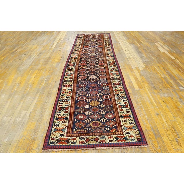 Tribal 1880s Blue Navy Geometric Tribal Antique Nw Rug 3'4" X 14'2" Knotted Wool Carpet For Sale - Image 3 of 9