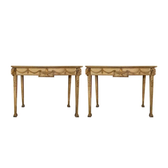 Beige Pair of Italian Neoclassical Carved Wood Console Tables With Swag Anf Urn Motif For Sale - Image 8 of 8