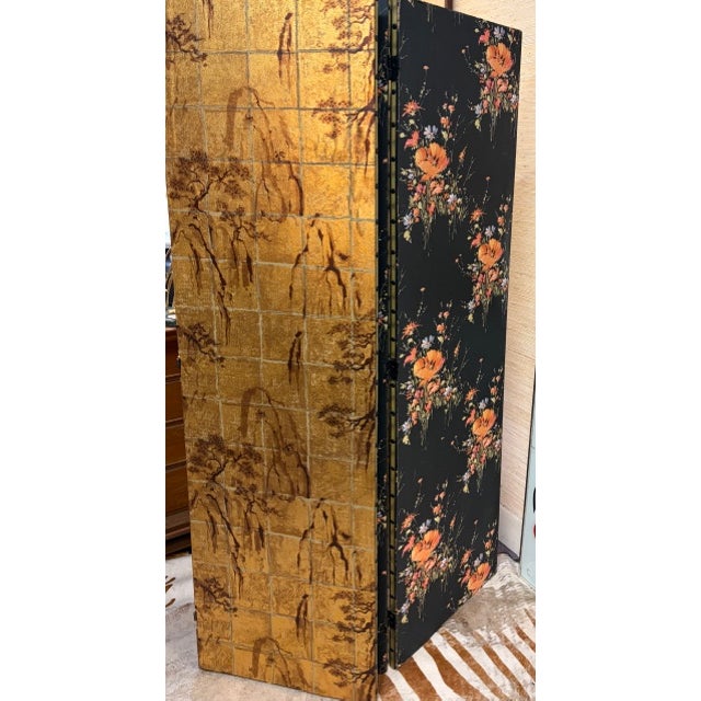 Mid Century Large Wood Asian Screen in a Gold Landscape Design - Reverse Is Floral For Sale - Image 4 of 12