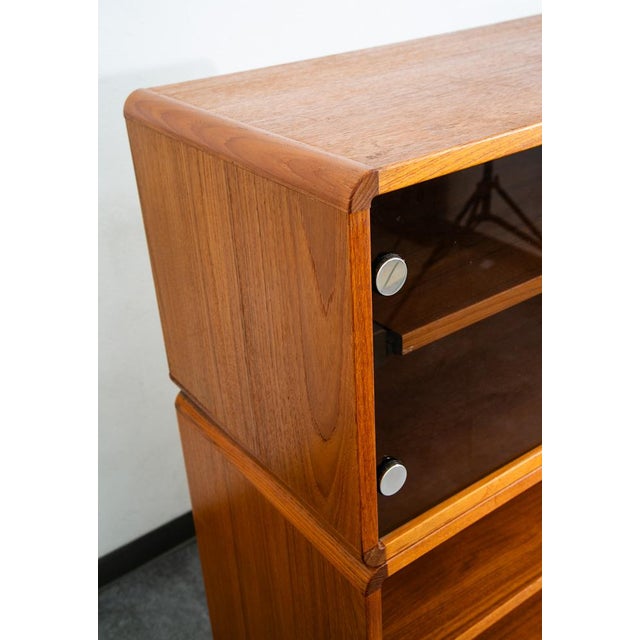 Mid Century Danish Modern Bookshelf Cabinet Teak Shelves Glass Doors Display MCM For Sale - Image 10 of 11