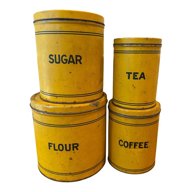 Early 20th Century Bright Yellow Enamel Flour, Sugar, Coffee & Tea Kitchen Canisters – Set of 4 For Sale