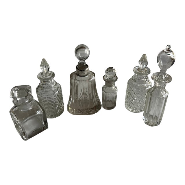Vintage Collection of Miniature Glass Perfume Bottles With Silver Accents- Set of 6 For Sale