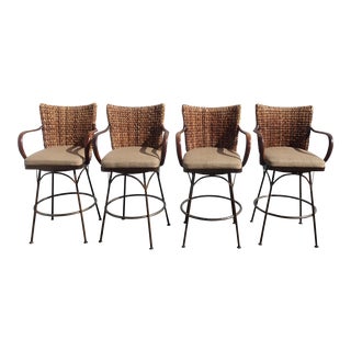 Set of Four Vintage French Country Havana Swivel Rush Back Bar Stools by Palecek For Sale