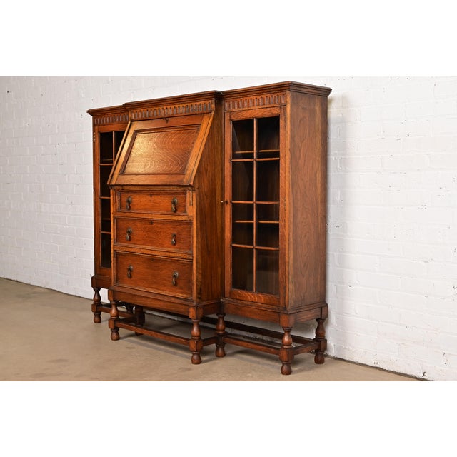 English Antique English Jacobean Carved Oak Glass Front Double Bookcase With Bureau and Drop Front Secretary Desk, Circa 1920s For Sale - Image 3 of 14