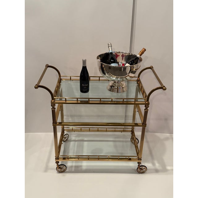 Gold Regency Style 3 Tier Brass & Glass Mid Century Modern Bar Cart For Sale - Image 8 of 12