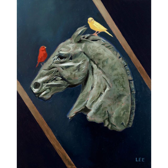 Survivors by Bernard Lee | Oil Painting of a horse head with two birds perched on it For Sale