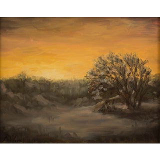 Winter Twilight by Michael DeVore | Oil on board Landscape with a tree at sunset. For Sale