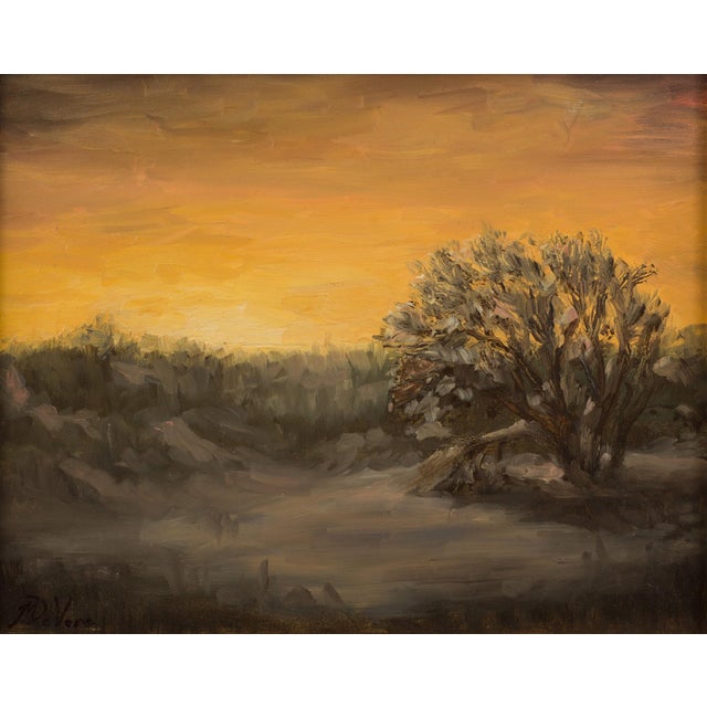 Winter Twilight by Michael DeVore | Oil on board Landscape with a tree at sunset. For Sale