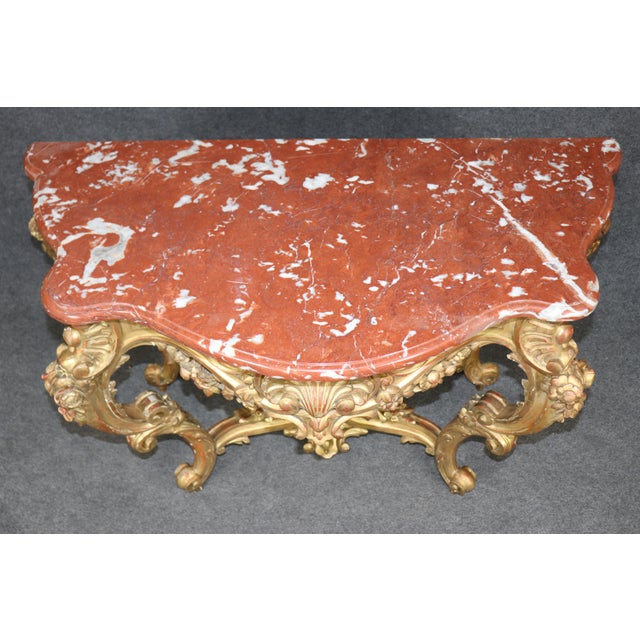 19th Century French Rococo Carved Giltwood Marble Top Console Table For Sale - Image 4 of 14
