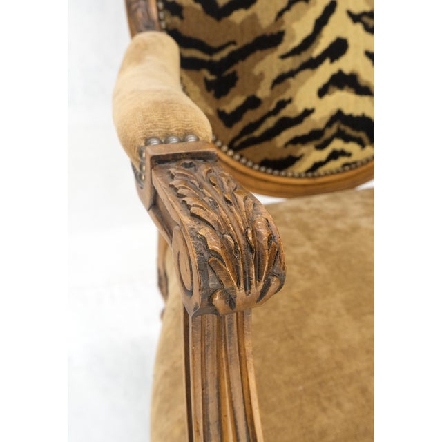Carved Round Tiger Upholstery Back Camel Mohair Seat French Arm Chair MINT For Sale - Image 6 of 12