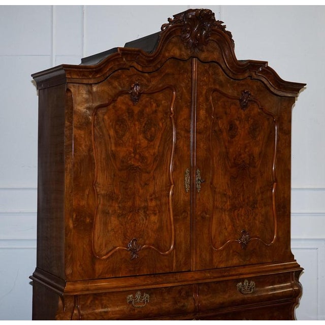 Antique Dutch Louis XV Style Burr Walnut Bombay Linen Press Cabinet, 1750 For Sale - Image 3 of 18