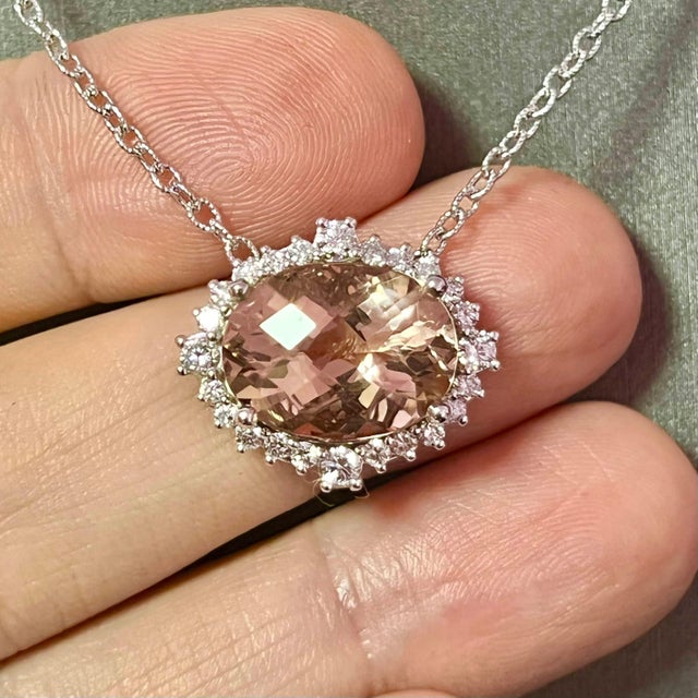 Natural Morganite Diamond Necklace 14k Gold 10.67 TCW Certified For Sale - Image 10 of 11
