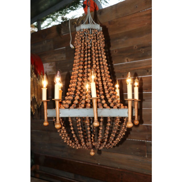 Vintage Wood Bead and Verde Brass Chandelier, 1940s For Sale - Image 11 of 12