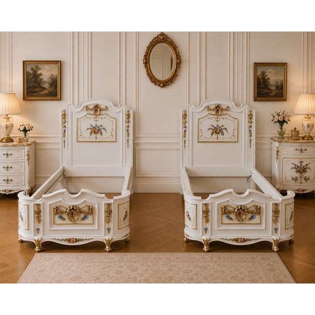 1950s 1950 French Louis XVI White Gold Wood Twin Bedframes - Pair For Sale - Image 5 of 14