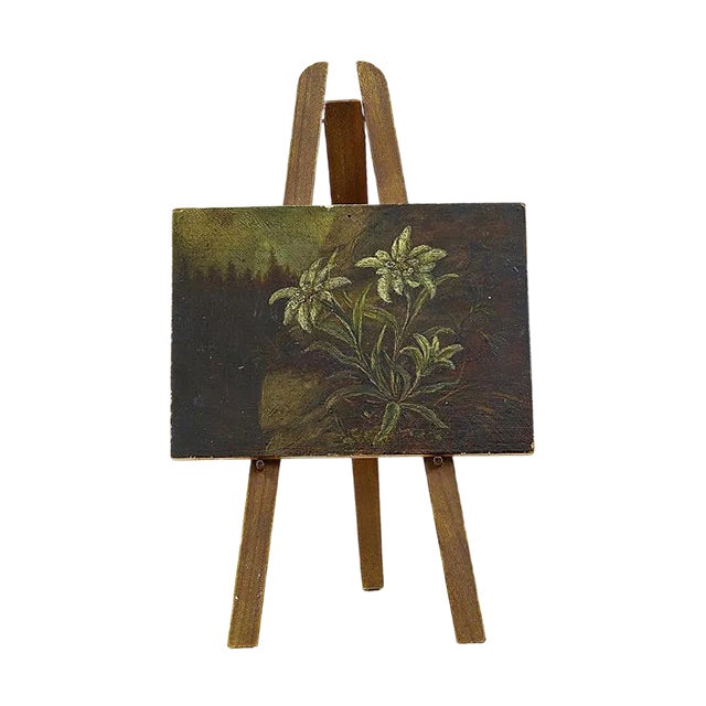 19th Century Miniature Oil on Board Painting of Edelweiss For Sale