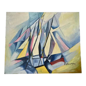 Vintage Nautical Abstract Canvas Art Signed by Artist