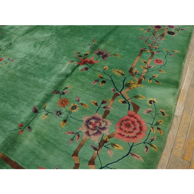 Outstanding Jade-Green Background Color With Details of Purple Flowers Vases in a Floral Design Chinese Art Deco Rug For Sale - Image 11 of 15